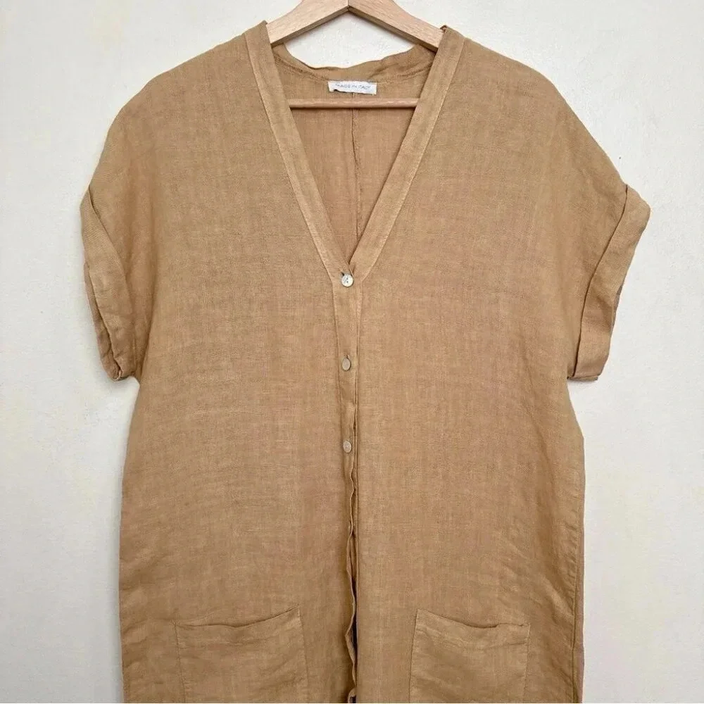Made  In Italy Womens Medium Linen Vneck Button Tan Romper - Picture 4 of 13